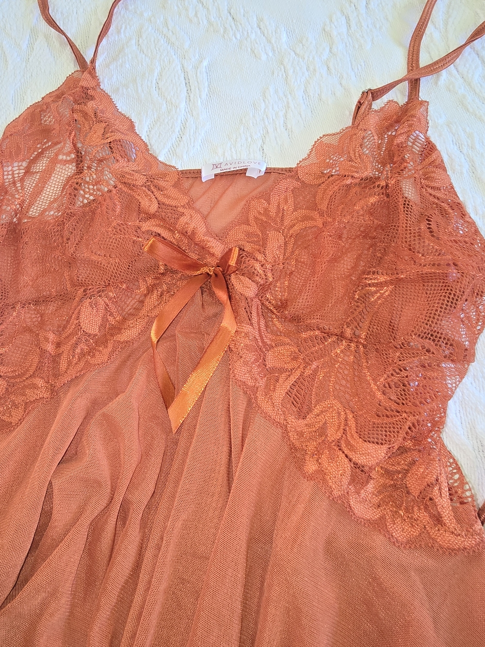 Lace-Trim Mesh Chemise Nightdress in Rust Orange